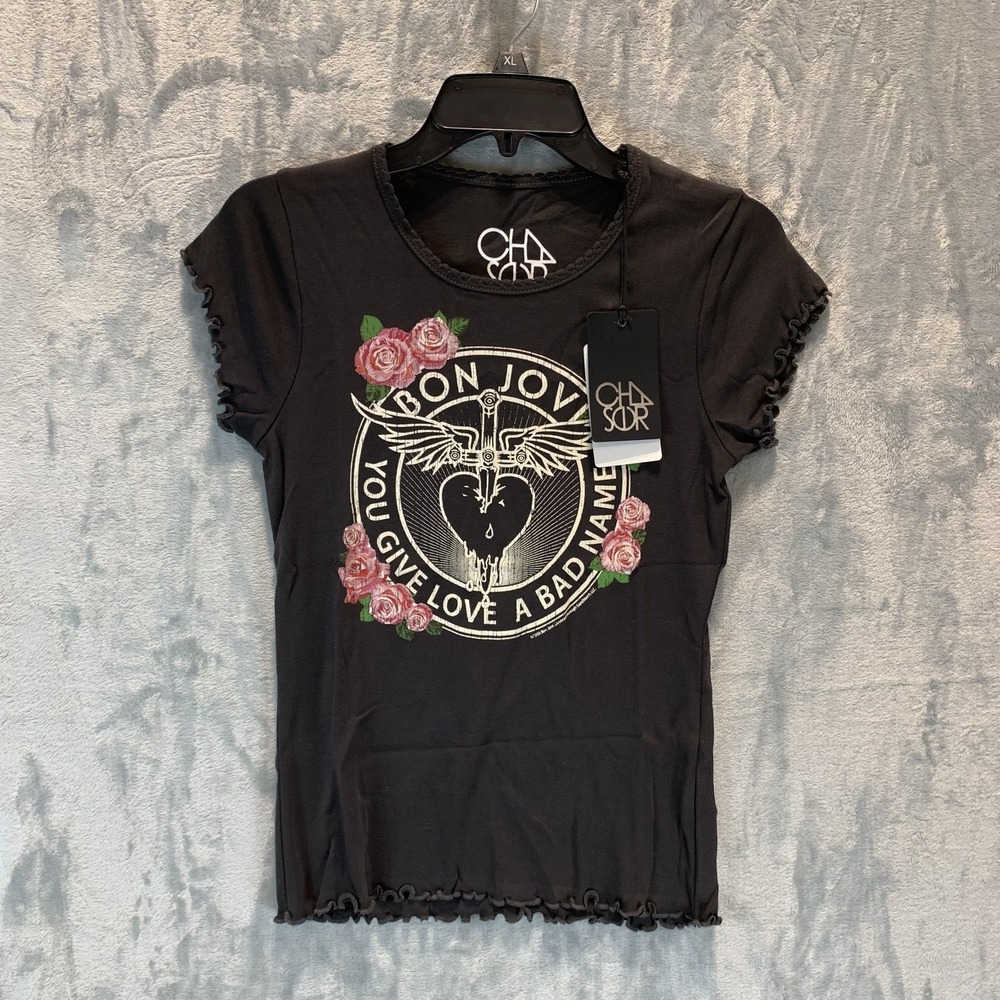Chaser Women's T Shirt Band Bon Jovi Roses M Black Graphic Tee Ruffle